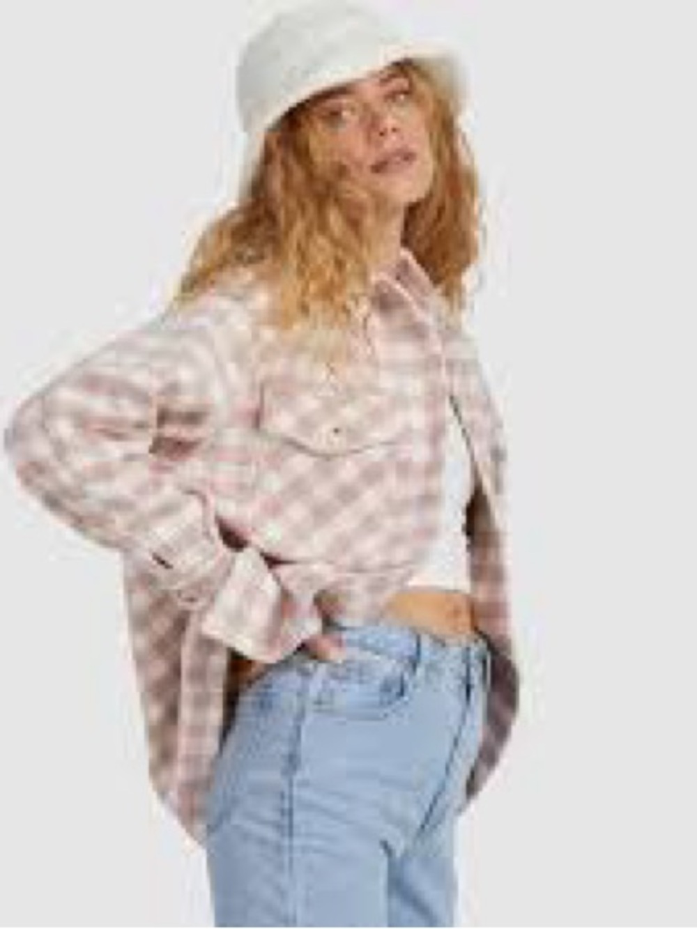 By swan Relaxed Pink Plaid Button-Down Shacket